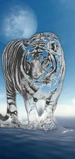 Reflective tiger and moon in sky-blue background wallpaper.