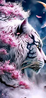 Mystical white tiger with cherry blossoms and crescent moon.