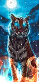 Mystical tiger with glowing eyes under a moonlit sky, surrounded by blue aura.