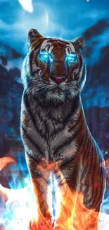 Mystical tiger with glowing eyes on vibrant blue background.