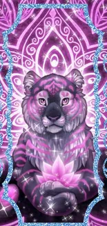 Mystical pink tiger with glittery patterns in a vibrant phone wallpaper design.