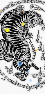 Mystical black and white tiger tattoo with colorful accents.