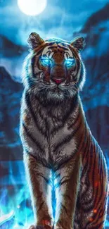 Mystical tiger stands under full moon with neon glowing eyes.