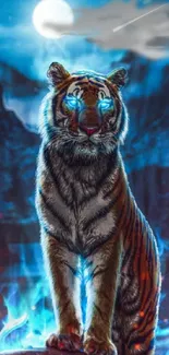 Mystical tiger with glowing eyes under a moonlit sky.