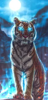 Tiger with glowing eyes in moonlit landscape.