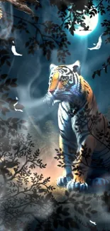 Tiger under moonlit sky in forest wallpaper.