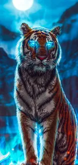 Mystical tiger with glowing eyes under a moonlit sky and vibrant colors.