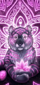 Mystical tiger with pink and purple hues in an artistic mobile wallpaper design.