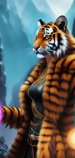 Mystical tiger-headed warrior in vibrant, surreal landscape.