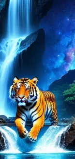 Majestic tiger in front of a cascading waterfall against a starry galaxy backdrop.