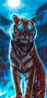 Mystical tiger with glowing blue eyes and aura in a vibrant wallpaper design.