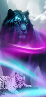 Neon-glowing mystical tigers in a fantasy setting.