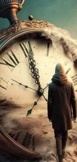 A mystical scene showing a hooded traveler facing a giant antique clock in a surreal setting.