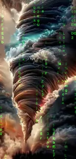 Mystical tornado and digital code create atmospheric mobile wallpaper.