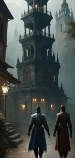 Mysterious tower with two adventurers in a fantasy setting.