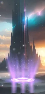 Fantasy tower with purple glow against a stunning sunset.