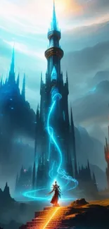 Fantasy tower in vibrant mystical realm with ethereal colors.