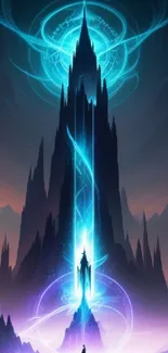 Mystical neon tower in fantasy landscape with blue and purple hues.