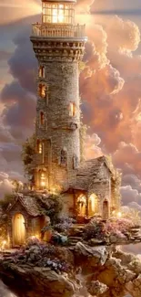 Fantasy tower amidst vibrant clouds.