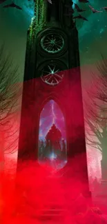 Mystical tower with red and green hues, fantasy wallpaper.