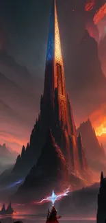 Fantasy tower wallpaper with dramatic landscape and fiery sky.