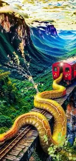 Giant snake winding around train on a mountain bridge in vibrant greens.