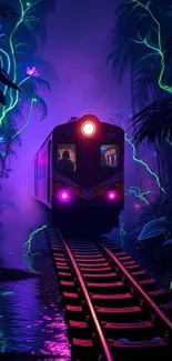 Mystical train with neon lights in an enchanted forest at night.