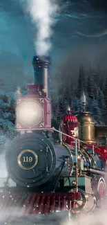 Steam train under a crescent moon in a misty, snowy forest.