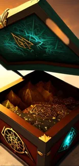 Mystical treasure box with golden pyramids and teal designs.