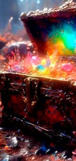 Mystical treasure chest with colorful jewels shimmering brightly.