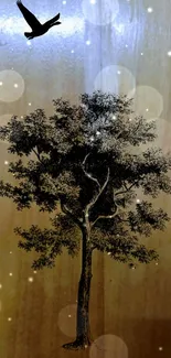 Mystical tree and bird on glowing brown background.