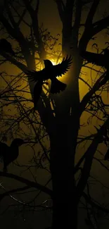 Silhouetted birds on a mystical tree with a glowing night background.