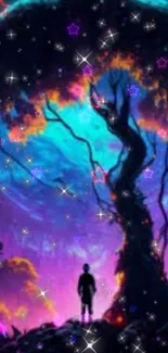 Mystical tree silhouette under cosmic sky with vibrant stars.