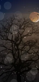 Mystical tree silhouette with moon and bats at night.