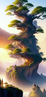 Mystical tree against sunset, creating an inspiring landscape wallpaper.