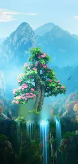 Mystical tree with waterfalls against mountain backdrop.