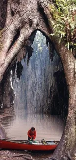 A canoe rests inside a large mystical tree with a serene water backdrop.