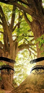 Wallpaper featuring ancient trees with mystical eyes in a fantasy forest.