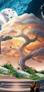 Mystical tree with moon and sky in a fantasy art theme mobile wallpaper.