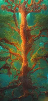 Mystical tree in vibrant colors set in a fantasy forest landscape.