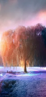 Mystical tree with vibrant colors in a fantasy landscape.