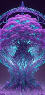 Vibrant fantasy tree wallpaper in purple and teal with mystical design.