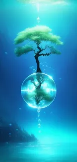 Mystical tree within a glowing bubble surrounded by blue hues.