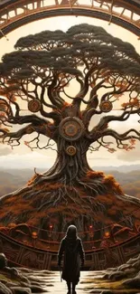 Mystical tree with cosmic portal and autumn colors.