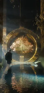 Mystical scene with tree inside a glowing golden portal by a reflective water pool.