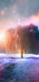 Mystical tree in twilight surrounded by vibrant hues and ethereal glow.