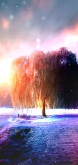 Mystical tree illuminated by vibrant colors against a surreal sky.