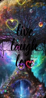 Mystical tree with colorful hearts and "Live Laugh Love" text on a mobile wallpaper.