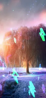 Mystical tree surrounded by neon lights in abstract landscape.