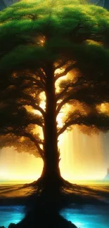 Vibrant mystical tree glowing at night with warm golden hues.